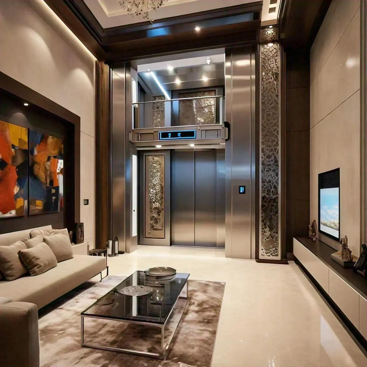 Modern glass elevator in a residence